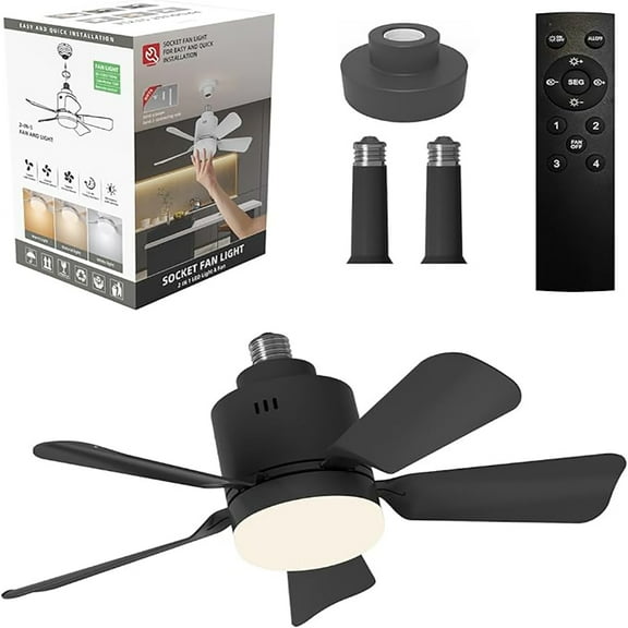 18 Inch Socket Fan Lights with E27 Base 3 Colors 3000K-6500K Dimmable LED Light Bulb Fan Screw in Ceiling Fan for Bedroom (Black)