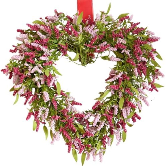 18 Inch Spring Pink Tassel Heart Wreath, Artificial Pink Spikes & Green Leaf Decor for Front Door Indoor Mantel Table Valentine Wedding Anniversary Dinner Gift$$Home Decor, Kitchen, & Other