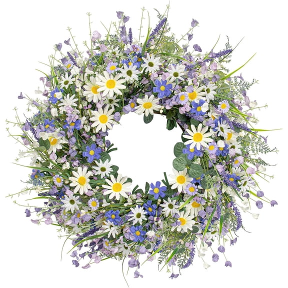 18 Inch Spring Summer Blue Door Wreath, Lavender & Daisy Floral Wreath for Front Door, Farmhouse Wall Decor Indoor Outdoor, Housewarming Gift