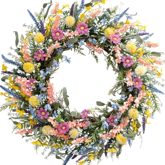 18 Inch Spring Summer Flower Wreath for Front Door,Daisy and Lavender Flowers Wreath for Home Decor,Summer Holidays Farmhouse Home Wall Mantle Decorations
