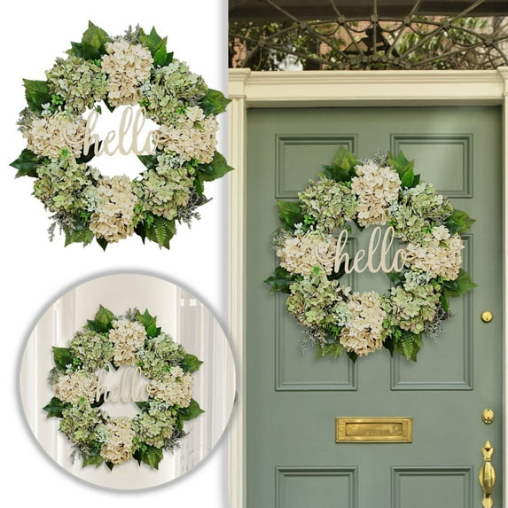 18 Inch Spring Summer Wreath for Front Door - Handmade Hydrangea & Cherry Blossom Floral Wreath with Eucalyptus - Farmhouse Welcome Wreath for Indoor/Outdoor Home Decor