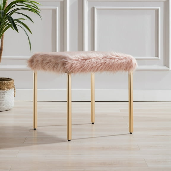 18-Inch Square Faux Fur Vanity Stool with Gold Metal Legs, Glam Upholstered Accent Chair for Bedroom, Dressing Room, Living Room (Blush/White Option)