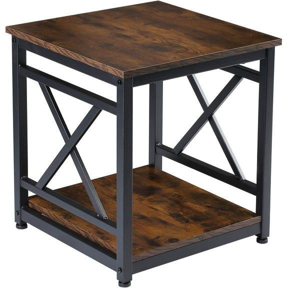 Side Table with Double Storage Shelves, 18-inch Square Nightstand Nightstand, Brown