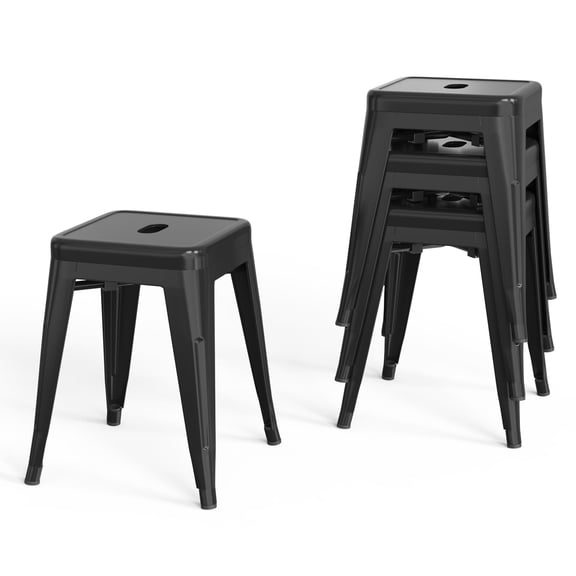 18 Inch Industrial Metal Bar Stools Set of 4, Stackable Classroom Stools, Backless Short Dining Chairs for Indoor Outdoor, Kitchen Restaurant (Black)