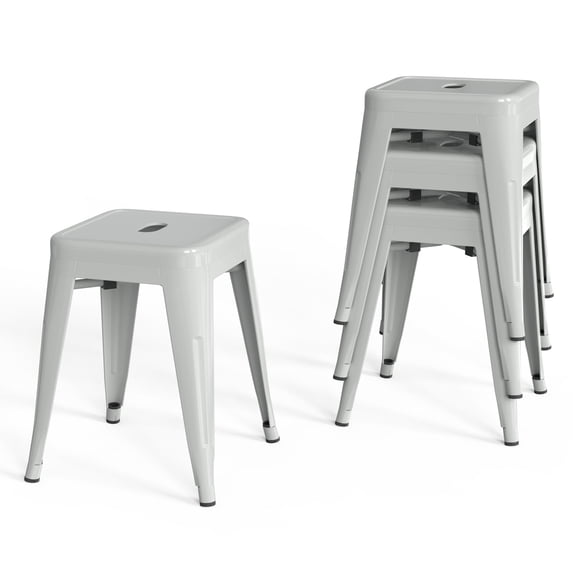 18 Inch Industrial Metal Bar Stools Set of 4, Stackable Classroom Stools, Backless Short Dining Chairs for Indoor Outdoor, Kitchen Restaurant (Grey)