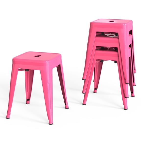 18 Inch Industrial Metal Bar Stools Set of 4, Stackable Classroom Stools, Backless Short Dining Chairs for Indoor Outdoor, Kitchen Restaurant (Hot Pink)