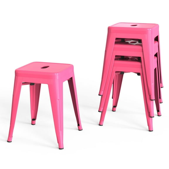18-Inch Stackable Metal Stool, Backless Bar Stools, Industrial Seat for Kitchen, Garage, Restaurant(Hot Pink, SET OF 4)