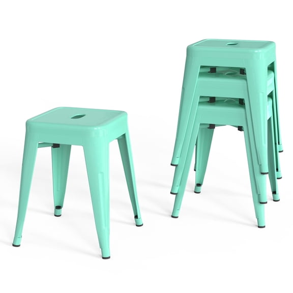 18 Inch Industrial Metal Bar Stools Set of 4, Stackable Classroom Stools, Backless Short Dining Chairs for Indoor Outdoor, Kitchen Restaurant (Mint Green)