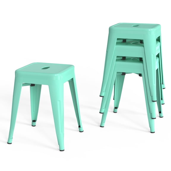 Stackable Bar Stools Set of 4, Backless 18 Inch Industrial Metal Barstools for Indoor Outdoor Classroom Kitchen Small Gathering (Mint Green)