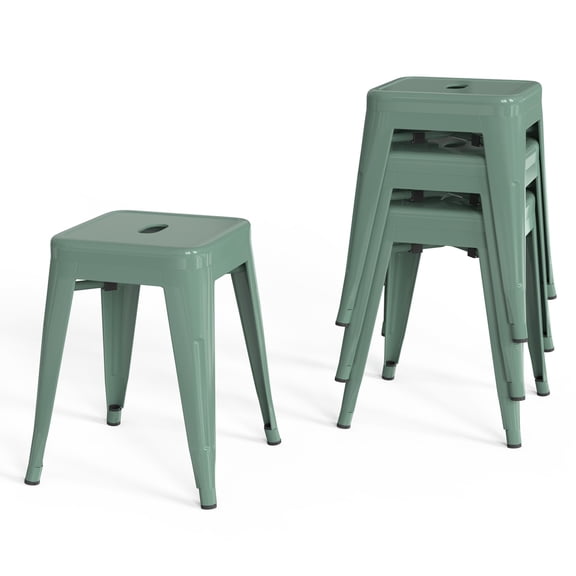 Stackable Bar Stools Set of 4, Backless 18 Inch Industrial Metal Barstools for Indoor Outdoor Classroom Kitchen Small Gathering (Olive Green)