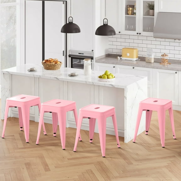 18 inch Space-Saving & Stackable Design Metal Bar Stools Set of 4, Backless Style Stools for Indoor Outdoor Barstools for School Classroom Kitchen(Pink)