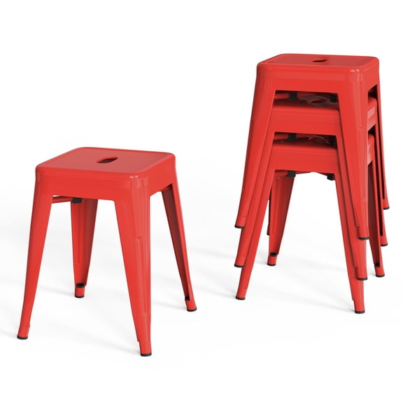 Stackable Bar Stools Set of 4, Backless 18 Inch Industrial Metal Barstools for Indoor Outdoor Classroom Kitchen Small Gathering (Red)