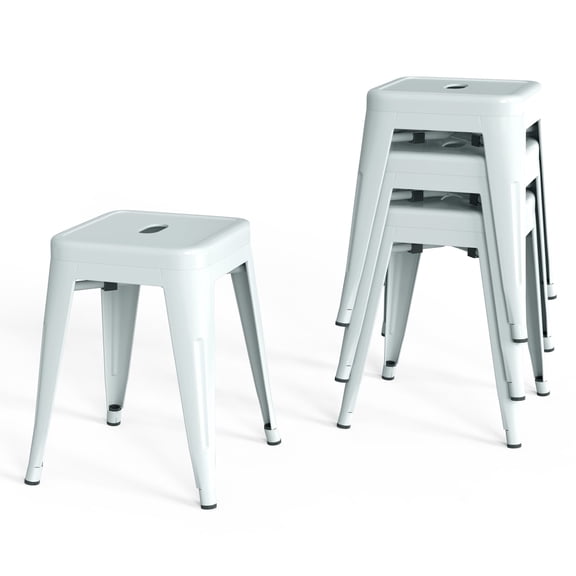 18 Inch Industrial Metal Bar Stools Set of 4, Stackable Classroom Stools, Backless Short Dining Chairs for Indoor Outdoor, Kitchen Restaurant (White)