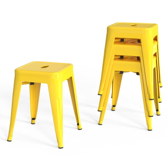 18 Inch Industrial Metal Bar Stools Set of 4, Stackable Classroom Stools, Backless Short Dining Chairs for Indoor Outdoor, Kitchen Restaurant (Yellow)