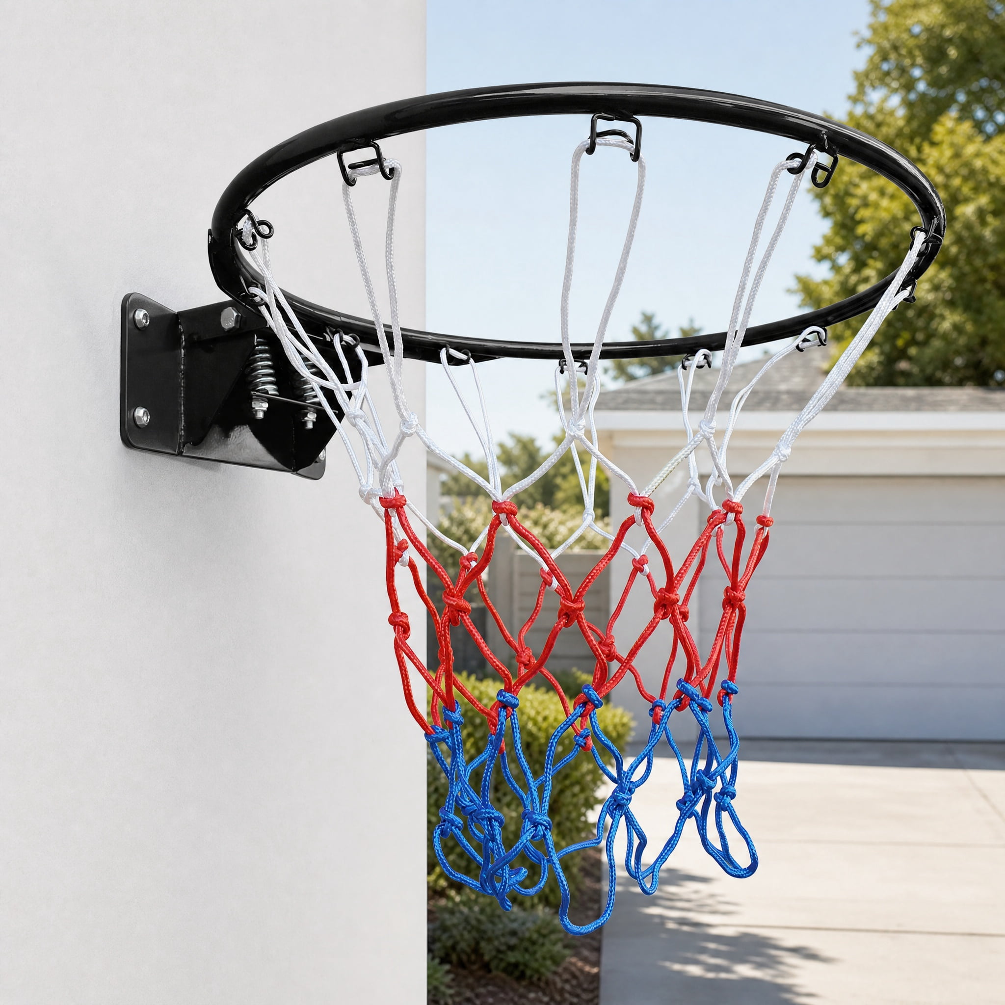 18 Inch Standard Double Spring Solid Steel Basketball Rim Heavy‑Duty Wall Mount Replacement Hoop with Nylon Net Shock‑Absorbing Basketball Goal for Indoor Outdoor Kids Teens Home Backyard Play