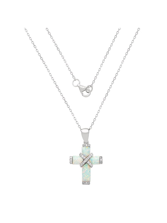 18-Inch Sterling Silver Cross Pendant with Cubic Zirconia and Created Opal