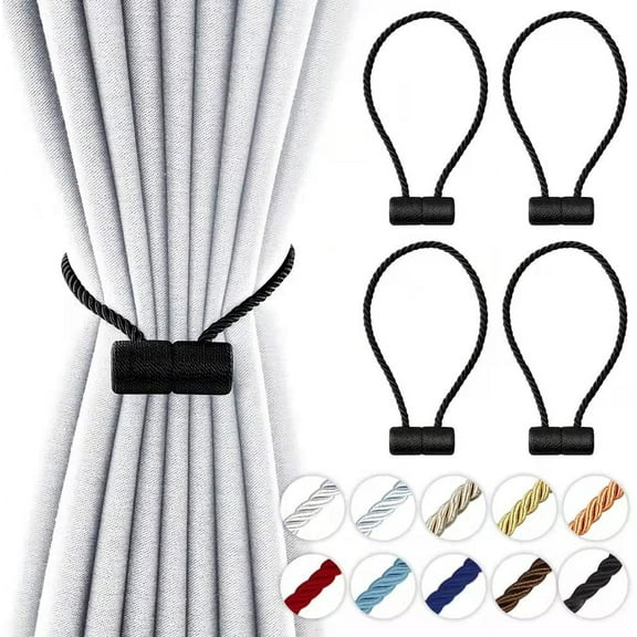 18 Inch Strong Magnetic Curtain Tiebacks, Curtain Holdbacks Modern Upgrade Strong 2021 New Twisted Style Decorative Drapery Rope Tie Backs(4 Pack Black)
