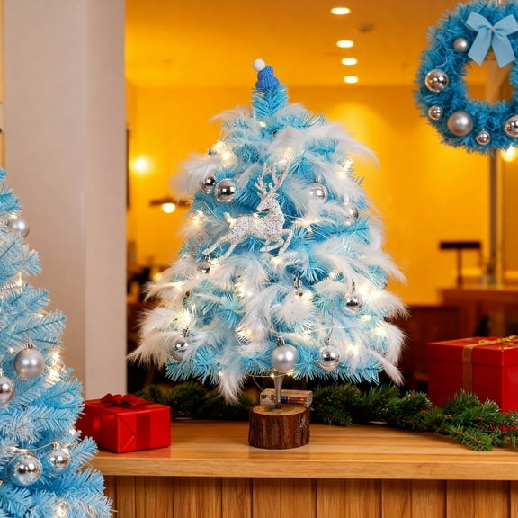 18 Inch Tabletop Mini Artificial Christmas Tree with LED String Lights and Hanging Ornaments, Battery Powered for Indoor Holiday Decoration (Blue)