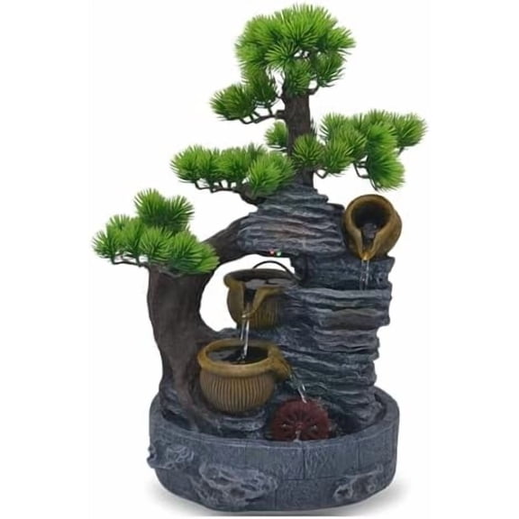 18-Inch Tabletop Water Fountain with Bonsai Tree, Cascading Pots, and Spinning Water Wheel  Indoor Zen Decorative Fountain with USB Connection for Home or Office$$Home Decor, Kitchen, & Other