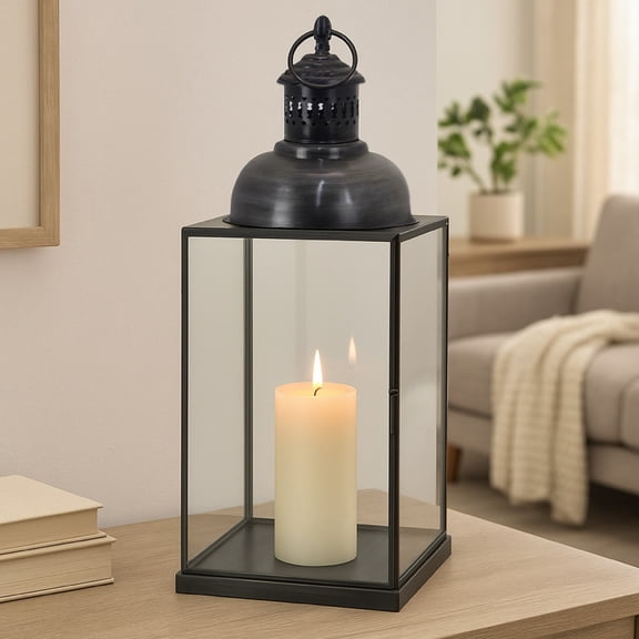 18 Inch Tall Laila Black Metal Lantern with Clear Glass Panels Square Base Decorative