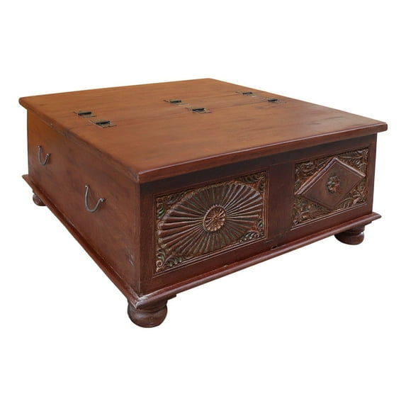 18 Inch Tall Vintage Trunk Storage Coffee Table | Rectangle Solid Wood Chest Cabinet | Hand Carved Indian Cocktail Furniture