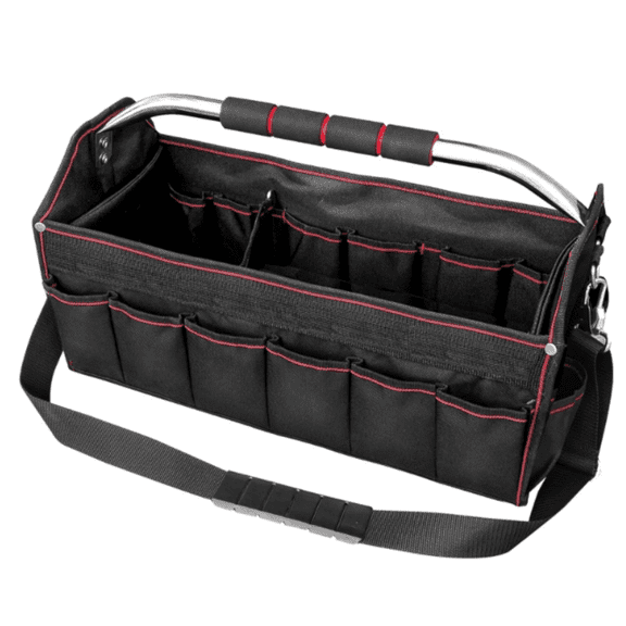 18 Inch Tool Bag, Foldable Open Top Tool Tote with 27 Pockets and Removable Partition, Heavy-Duty Electrician Tool Bag with Adjustable Shoulder Strap & Water-Resistant Molded Base
