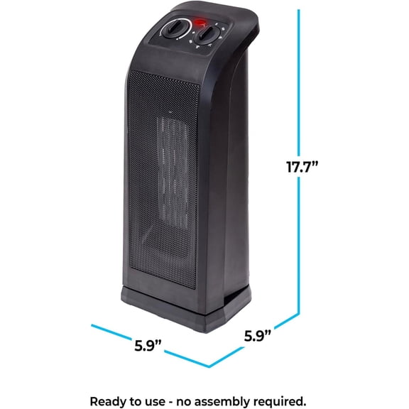 18 Inch Tower Space with PTC Heating Element, 1500W Dual Heat, 60 Oscillation, Thermostat, Fan Mode, Safety