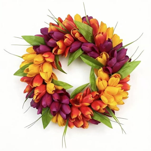 18 Inch Tulip Wreath for Front Door, Spring Summer Silk Wreath with Green Leaves Artificial Tulip Flower Wreaths for All Seasons Window Wall Wedding Valentines Day Decor