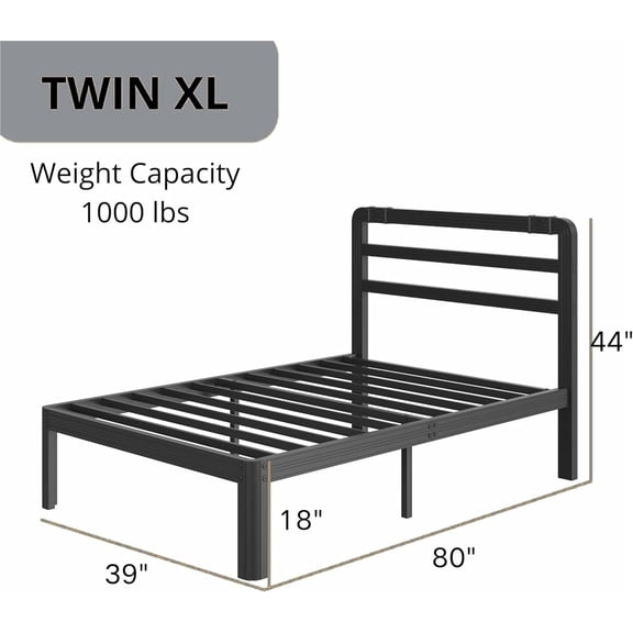 18 Inch Twin XL Black Metal Bed Frame with Headboard, 1500LBS Reinforced Platform Bed, Noise Free Steel Slat Support, No Box Spring Needed, Easy Assembly, Perfect for Bedroom Guest Room Hotel