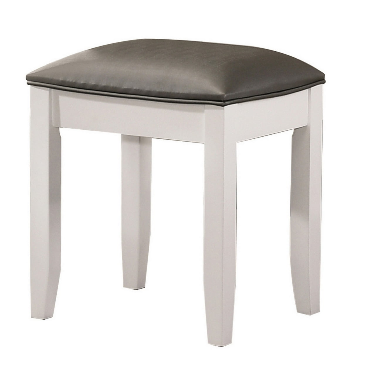 18 Inch Vanity Stool Foam Cushion White Frame Metallic Gray Faux Leather - Saltoro Sherpi