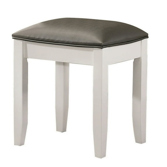18 Inch Vanity Stool Foam Cushion White Frame Metallic Gray Faux Leather - Saltoro Sherpi