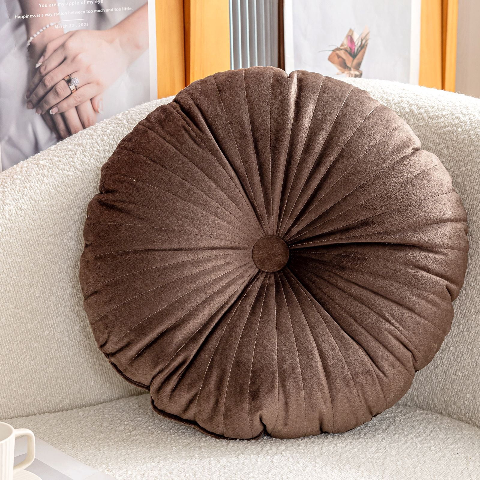 18 Inch Velvet Round Throw Pillow Pleated Meditation Floor Pillow Cushion Decoration Large Pillows Seating for Couch Chair Yoga Living Room