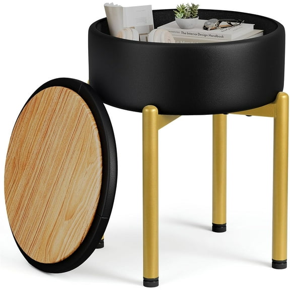 18-Inch Velvet Vanity Stool Chair with Storage, Vanity Bench with 4 Golden Metal Legs & Anti-Slip Adjustable Feet,Round Storage Ottoman Stool with Removable Soft Padded Seat