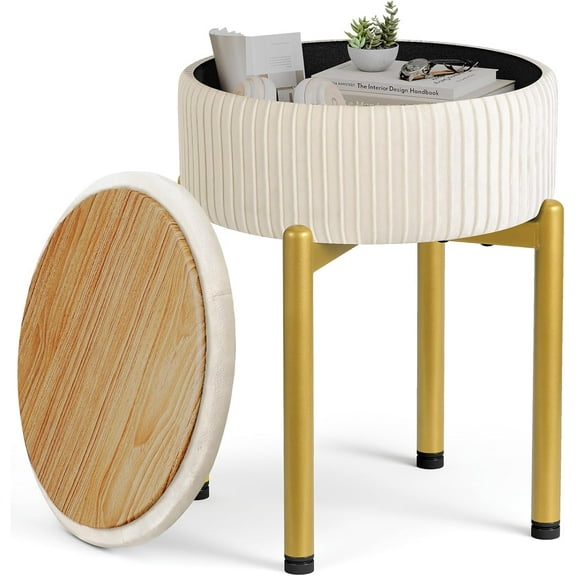18-Inch Vanity Stool Chair with Storage, Vanity Bench with 4 Golden & Anti-Slip Adjustable ,Round Storage Ottoman Stool with Removable Soft Padded Seat, Beige