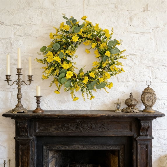 18 Inch Vibrant Yellow Floral Wreath, Artificial Flower Wreath with Eucalyptus Leaves and White Accents, Decorative Door Hanging for Spring, Summer, Home, Wedding, Party and Farmhouse Decor
