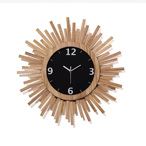 18 Inch Wood Boho Sunburst Wall Clock, Battery Operated Silent Non Ticking Small Wall Clocks for Living Room Kitchen Bedroom Office Decor,Rustic Brown