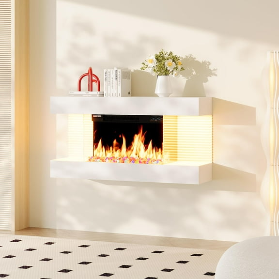 18 Inch Wall Mounted Electric Fireplace with 32-Inch Floating Mantel, All-in-One Fireplace with Colored Crystal Stone, Multi Ambient Light Colors with Remote, 1500W Heater, White