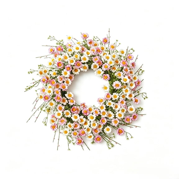 18 Inch White Daisy Artificial Spring Summer Wreath, Faux Floral Front Door Garland, White Bloom Hanging Ring for Porch Window Wedding Home Decor
