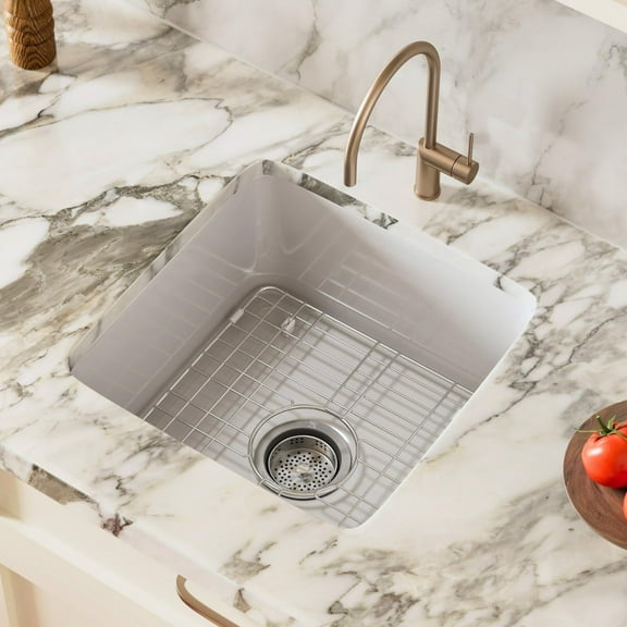 18 Inch White Square Kitchen Sink, Los Flexi Undermount Bar Sinks, 18L18W Dual Mount Single Bowl Fireclay Drop In Sink, Compact & Deep Bowl With Grid And Drain Strainer Included