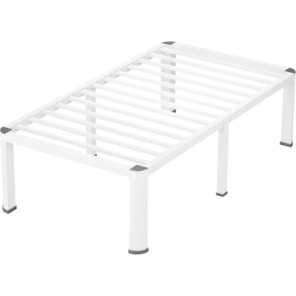 18 Inch White Twin Heavy Duty 3500 lbs Bed Frame with Round-Corner Legs & Anti-Squeak Design Quick Assembly Metal Platform, No Box Spring Needed