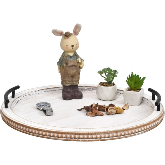 18 Inch White Wooden Beaded Round Serving Tray with Handles