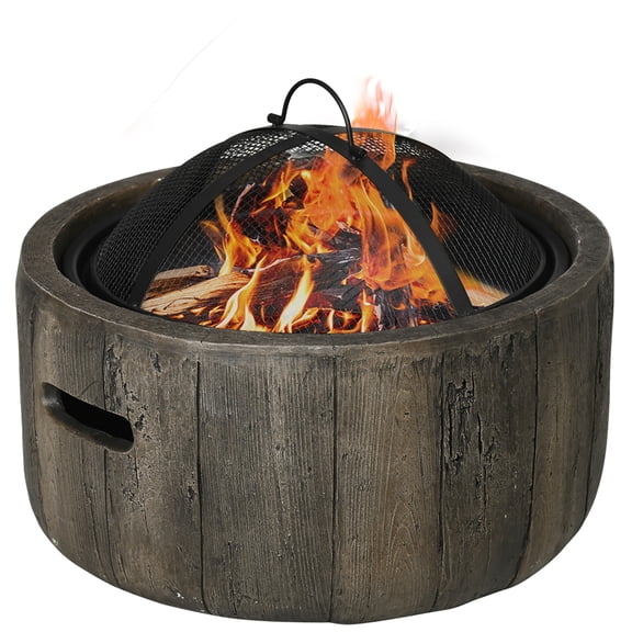 18 Inch Wood Burning Fire Pit, Outdoor Fire Pit with Spark Screen, Poker & Charcoal Grate, Woodgrain Stump-Like Fire Bowl for Patio, Backyard, Camping, Dark Brown