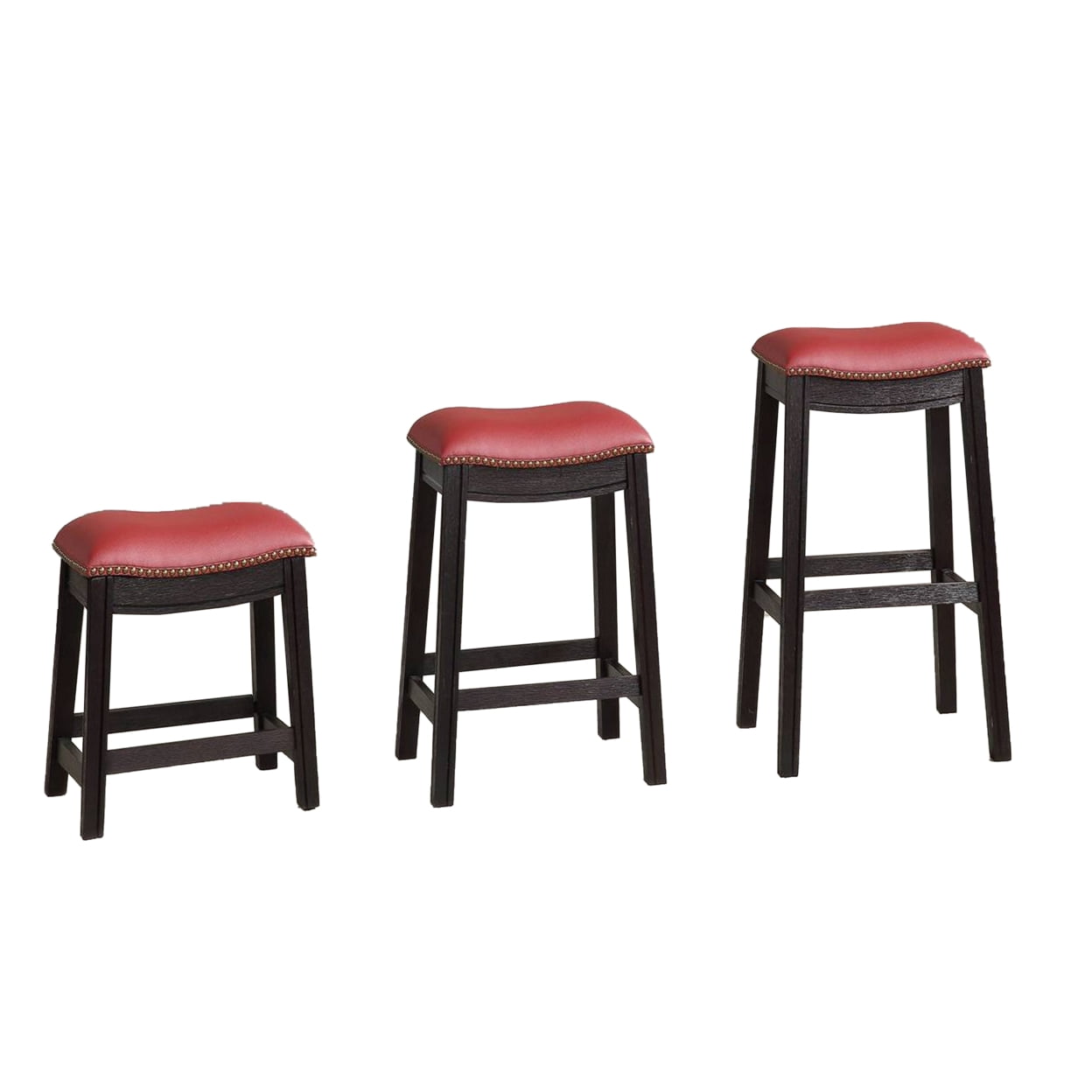 18 Inch Red Upholstered Saddle Style Wooden Stools, Set of 2