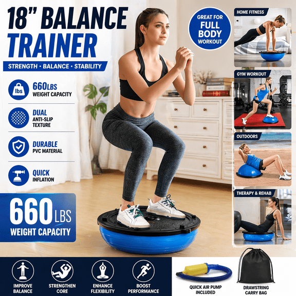 18-Inch Yoga Half-Ball Balance Trainer, 660 lb Weight Capacity Dual Non-Slip Textured Surfaces, Includes Quick-Inflation Pump and Drawstring Bag; Suitable for Gym, Yoga, Therapy, and Home Fitness