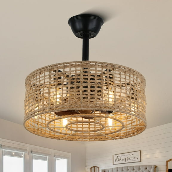 18 Inches Black Bohemian Hand-Woven Drum Ceiling Fan with Light and Remote Control, Bella Depot 6-Speed Rustic Chandelier