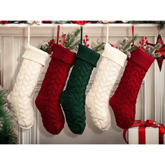 18 Inches Christmas Stockings Bulk, 1 Pack Large Size Cable Knitted Fireplace Hanging Stockings for Family Holiday Xmas Party Decorations