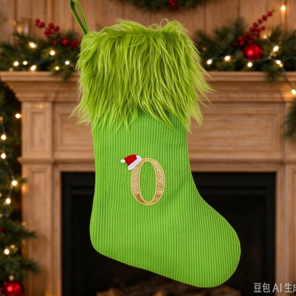 18 Inches Monogram Christmas Stocking, Green Knit Personalized Xmas Stocking with Embroidered Initial, Large Hanging Christmas Stocking for Holiday Home Decoration
