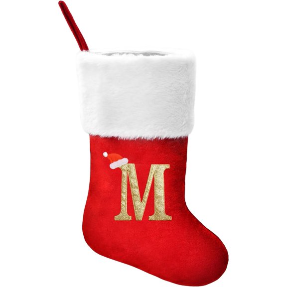 18 Inches Personalized Christmas Stockings with Letters, Large Red Velvet with Soft Plush Cuff & Embroidered Gold Letter Monogram Initial Xmas Stockings for Holiday Seasonal Decor Party Supplies