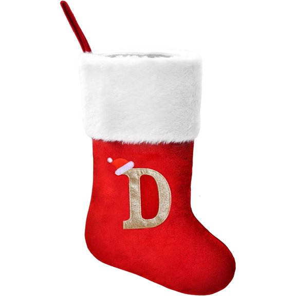 18 Inches Personalized Christmas Stockings with Letters, Large Red Velvet with Soft Plush Cuff & Embroidered Gold Letter Monogram Initial Xmas Stockings for Holiday Seasonal Decor Party Supplies
