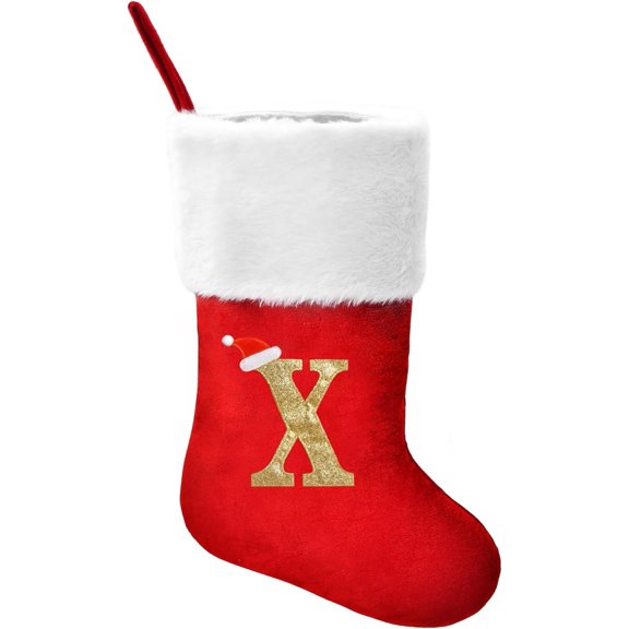 18 Inches Personalized Christmas Stockings with Letters, Large Red Velvet with Soft Plush Cuff & Embroidered Gold Letter Monogram Initial Xmas Stockings for Holiday Seasonal Decor Party Supplies